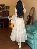 Kukombo French Ruffle Lace Midi Dress Elegant Fairy Square Neck Long Sleeve A-line Vestidos Casual Slim Evening Party Solid Mujers Robe