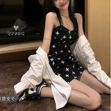 Kukombo Bandage Suspender Black Floral Dress Womens Vintage Clothing Sleeveless Korean Fashion Summer Mini Short Dresses for Women 2024