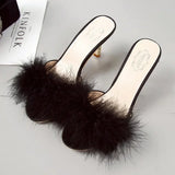 Kukombo Women Slippers Summer 2024 New Fashion Hairy Stiletto Sandals Slippers Women Word Drag Open Toe Wear High Heel Slippers Women