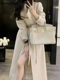 Kukombo Woolen Coat Women French Elegant New Fashion Loose Solid Outerwear With Belted Office Lady Vintage Fleece Warm Mujers Clothes