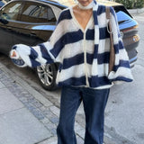 Kukombo Fashion Striped Sweater Cardigan With Scarf Female Loose Thin Hollow Knitted Top Lantern Sleeve Contrast Color Retro Top