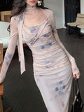 Kukombo Women Fashion Bodycon Slim Long Dresses Autumn Floral Elegant Casual One Pieces Party Evening Dress Female Chic Clothes