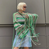 Kukombo Women's Fall Winter Cropped Knit Tops Stripe Print O-Neck Tassel Long Sleeve Spring Loose Sweaters Knitwear y2k Streetwear