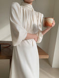 Kukombo Elegant and Chic Women Casual Midi Dress Puff Sleeve New Designed Solid Party Birthday Vestidos Female Fashion Robe Clothes