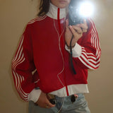 Kukombo Fashion Women's Mock Neck Jacket Zip Up Side Striped Long Sleeve Casual Fall Motorcycle Tops Y2K Retro Streetwear