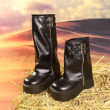 Kukombo Winter Women Biker Boots Fashion Belt Buckle Ladies Platform Wedge Heel Long Pipe Booties Casual Women's Knee High Booties