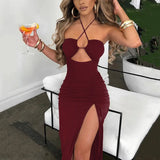 Kukombo Sexy Dress Women Summer New Sleeveless Backless Hollow Out Dresses Slim Fashion Split Bandage Casual Bodycon Elegant Party Dress