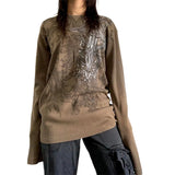 Kukombo Women Vintage Aesthetic Top Long Sleeve Lace Trim Tight Shirts Y2k Graphic Print Fairy Grunge Top Streetwear
