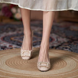 Kukombo Sheepskin padded silk satin high heels women's thick heels rhinestone buckle square head solid color women's shoes