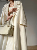 Kukombo Women's High Quality New Fashion Elegant Woolen Long Coat Spring Warm Solid  Double Breasted Lapel Overcoat With Belt Female