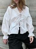 Kukombo Women Loose Long Sleeve Shirt Spring Autumn Clothes y2k Casual Heart Ruffles Tie Front Tops Basic Blouses Streetwear