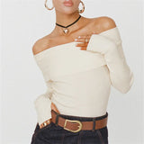 Kukombo Women Casual Solid Sweater Top Long Sleeve Off Shoulder Ribbed Knit Cropped Shirt Fairy Grunge Fall Y2K Streetwear