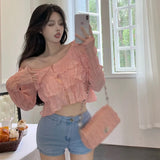 Kukombo Women's Crop Top Blouse round Neck Casual Shirts Summer/Spring Long Sleeve