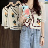 Kukombo Flower Embroidery Crochet Blouse with Chiffon Sleeve Button Front Cardigan Top Women Spring Summer Fairycore Cottagecore