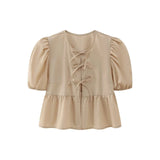 Kukombo Women's Summer Babydoll T-Shirt Solid Stripe Short Puff Sleeve Round Neck Tie-Up Front Peplum Tops blusa mujer moda