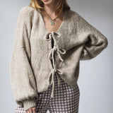 Kukombo Women Tie Front Oversized Knitted Cardigan Y2k Girls Knitwear Sweater Top Lantern Sleeve Open Front Cardigan