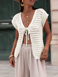 Kukombo Womens Crochet Sweater Vest Summer Tie Front Cap Sleeve V-Neck Casual Knit Tops Cardigan Lightweight Sweaters