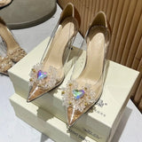 Kukombo Rhinestone Transparent High Heels Summer New Pointed Crystal Slim Heel Shoes Shallow Mouth Slip-on Women's Shoes