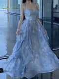 Kukombo Spaghetti Strap Korean Chic A-Line Ruffles Dresses for Women Summer Beach Style Party Prom Blue Dress One Piece Vestido Mujer