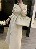 Kukombo Woolen Coat Women French Elegant New Fashion Loose Solid Outerwear With Belted Office Lady Vintage Fleece Warm Mujers Clothes