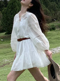 Kukombo Women Elegant Hollow-out White Dresses Summer New Fashion Lantern Sleeve With Belt Mini Dress French Style Shirt Vestidos