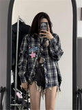 Women's Plaid Print Shirts Blouses Y2k 2000s Harajuku Korean Aesthetic Vintage Elegant Long Sleeve Shirt Oversize Clothes 2024