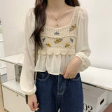 Kukombo Crochet Top with Chiffon Flower Embroidery Long Sleeve Square-neck Fake Two-Piece Blouse Spring Summer Fairycore Cottagecore