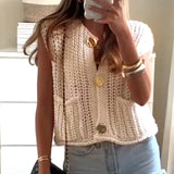 Kukombo Womens Sweater Vest Sleeveless V Neck Button Down Knitted Waistcoats Casual Cropped Sweater Tank Tops Y2k Streetwear