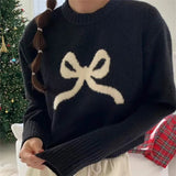 Kukombo Women Y2K Bow Sweater Top Crew Neck Oversized Pullover Jumper Cute Print Long Sleeve Knit Sweater Streetwear