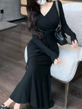 Kukombo Sexy V-Neck Lace Up Bodycon Mermaid Knitted Dress Autumn Women Long Sleeve Solid Spring Casual Wrapped Hip Midi Vestidos Mujer