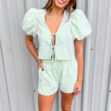 Kukombo 2 Piece Outfits Women Y2k Plaid Print Tie Front Short Sleeves Tops and Elastic Shorts Club Streetwear Fashion Clothes