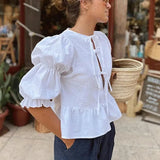 Kukombo Women Y2k Tie Front Tops Puff Sleeve Ruffle Hem Peplum Blouse Cute Summer Babydoll Top Aesthetic Lace Up Shirts