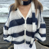 Kukombo Fashion Striped Sweater Cardigan With Scarf Female Loose Thin Hollow Knitted Top Lantern Sleeve Contrast Color Retro Top