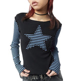 Kukombo Women Vintage Aesthetic Top Long Sleeve Star Patchwork Tight Shirts Y2k Stripe Graphic Print Fairy Grunge Top Streetwear