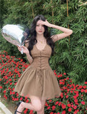 Kukombo V-Neck Mesh Stitching Vintage Dress Female Ruffled Lace Princess Beach Short Dress Mini Korean Version Fashion Summer Dress