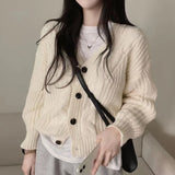 Kukombo Soft Knit Button Front Cardigan Cozy Long Sleeve V-Neck Cable-knit Women's Sweaters Korean Fashion Vintage Outfit