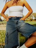 Kukombo Y2k Loose Denim Cargo Shorts for Women Low Rise Wide Leg Knee Length Oversized Fit Summer Jeans Shorts Streetwear