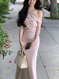 Kukombo Elegant Evening Party Satin Long Dresses for Women Summer Pink Birthday Robe Sexy Slash Sleeveless Slim Female Clothing