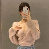 Kukombo Women Pink Knitted Sweaters Korean Fashion Irregular V Neck Pullovers Elegant Office Lady Autumn Solid Casual Jumpers New