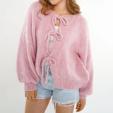Kukombo Women Y2k Tie Front Knitted Cardigan Sweater Long Sleeve Open Front Oversized Cardigan Knitwear Tops Streetwear