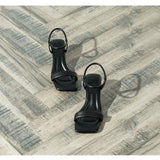 Kukombo 2024 New Black Ankle-Strap Buckle Sandals Summer Letter Rhinestone Square Toe Ladies Stiletto Heel High Heel Shoes