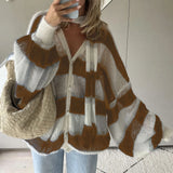 Kukombo Fashion Striped Sweater Cardigan With Scarf Female Loose Thin Hollow Knitted Top Lantern Sleeve Contrast Color Retro Top
