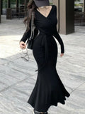 Kukombo Sexy V-Neck Lace Up Bodycon Mermaid Knitted Dress Autumn Women Long Sleeve Solid Spring Casual Wrapped Hip Midi Vestidos Mujer