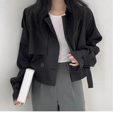 Kukombo Women Korean Streetwear Jacket Fashion Casual Button Cropped Outwear Harajuku Female All Match Bandage Coats Spring New