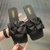 Kukombo Summer Slippers for Women Flip Flops Flats  New Pleated Korean Slippers Women Sandals Green Slip on Shoes Big Size 35-42