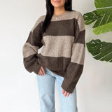 Kukombo Women Cute Loose Sweaters Casual Trendy Contrast Color Crew Neck Warm Long Sleeve Pullover Knitwear for Fall Streetwear