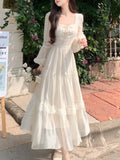 Kukombo French Ruffle Lace Midi Dress Elegant Fairy Square Neck Long Sleeve A-line Vestidos Casual Slim Evening Party Solid Mujers Robe