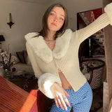 Kukombo Women Fur Trim Cardigan Autumn Ribbed Knit Long Sleeve Jackets Women's Sweater Slim Fit Chic Korean Fashion Coat Tops