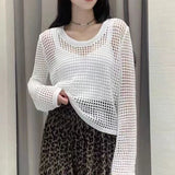 Kukombo Crochet Top for Women Long Sleeve O-Neck Regular Fit Pullover Cover Up Spring Summer Y2K Outfit