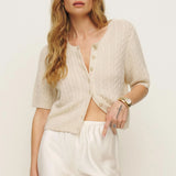Kukombo Women Fashion Cashmere Cardigan Solid Color Button Down Short Sleeve Sweater Summer Casual Soft Knit Tops Y2K Clothes